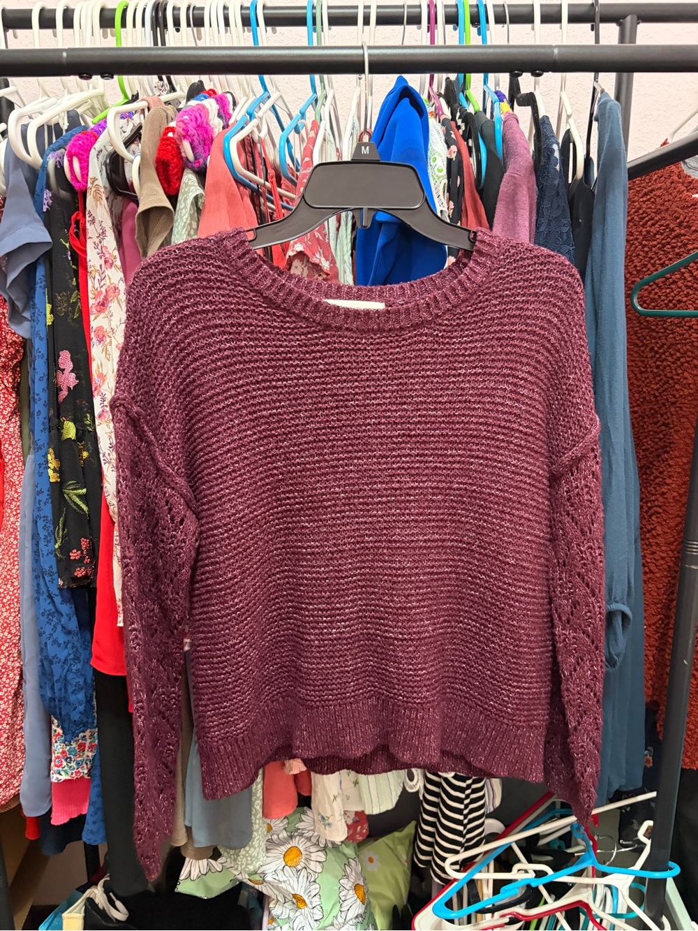 Knox Rose Burgundy Crewneck Sweater with Lace-Textured Sleeves